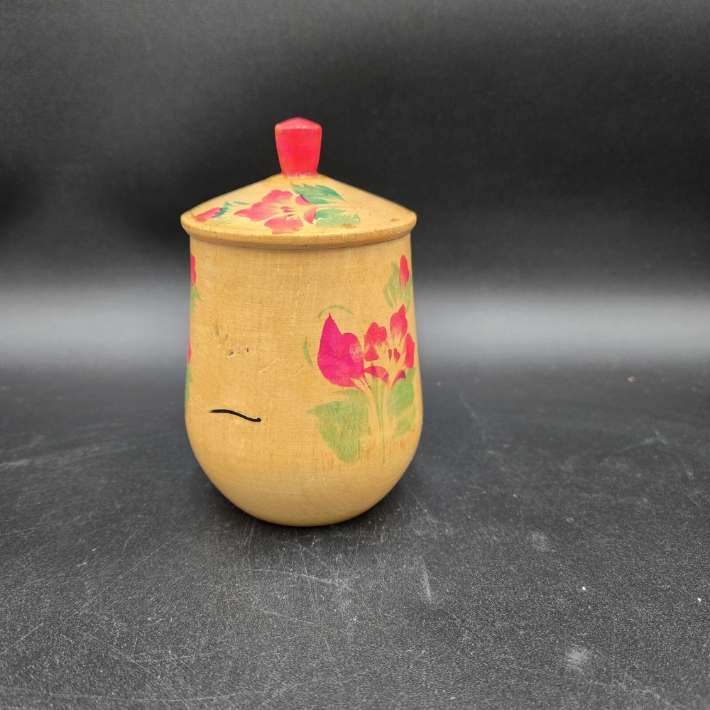 Vtg‎ Russian ? Ukranian Wooden Container Vase with Lid Folk Art Pink Floral - Picture 5 of 13